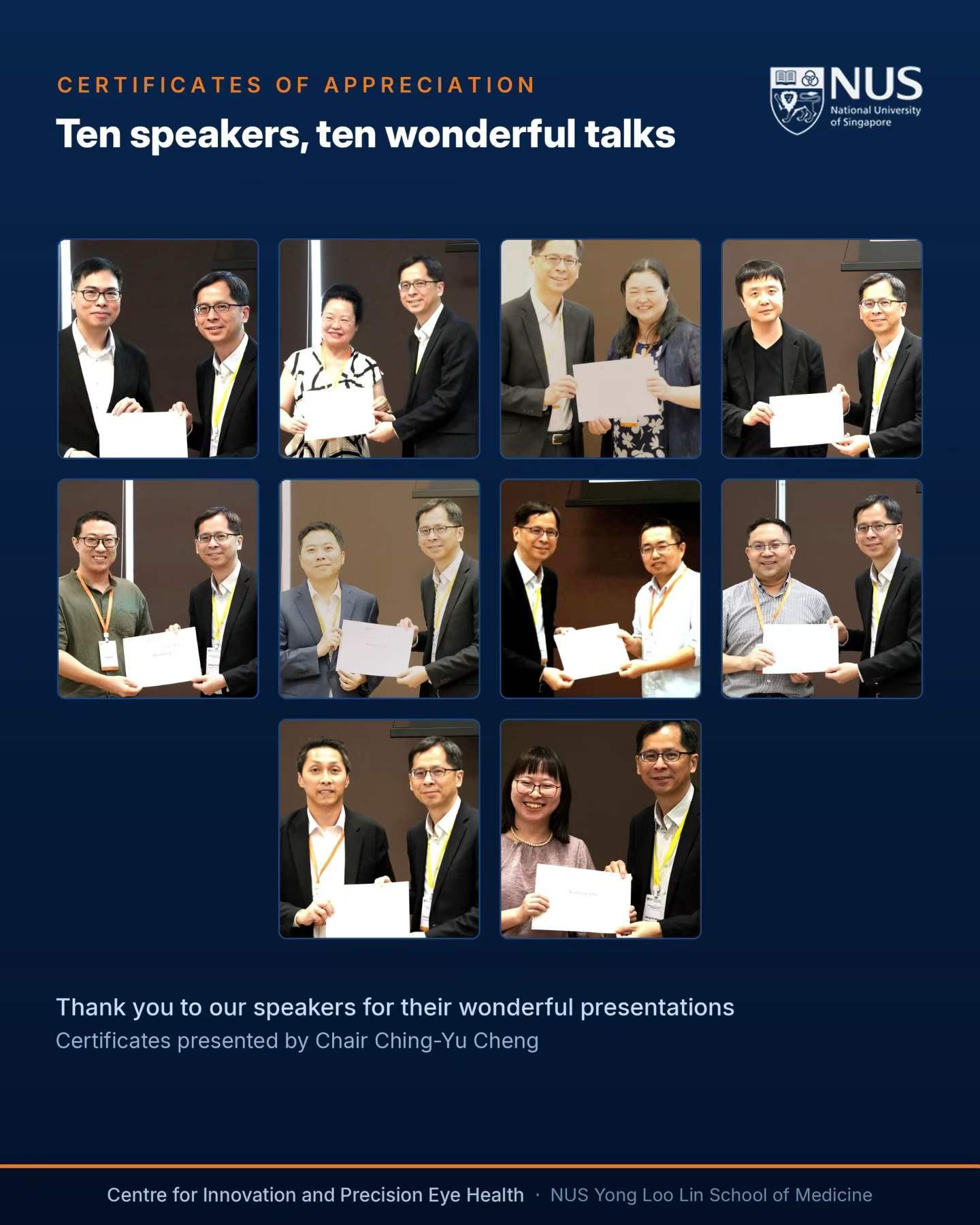 Invited speakers receiving certificates of appreciation from Prof. Ching-Yu Cheng